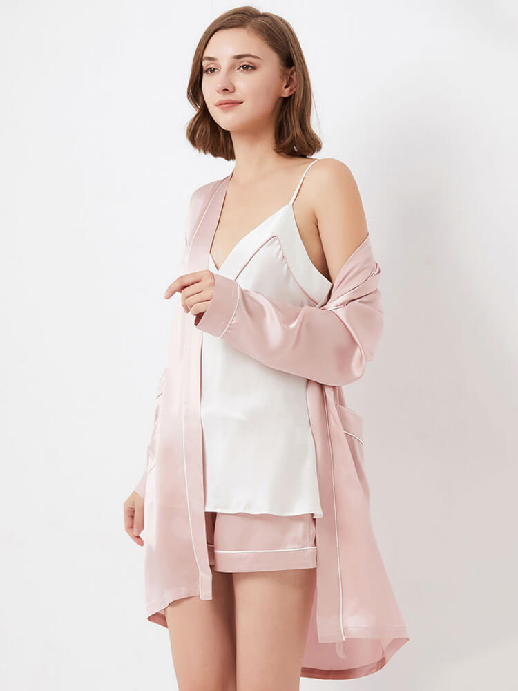 19 Momme Contrasting Silk Cami Pajamas Robe Set For Women
