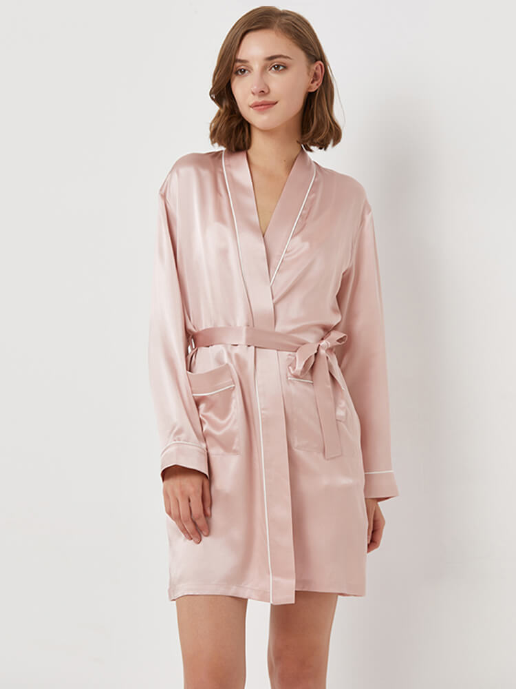 19 Momme Contrasting Silk Cami Pajamas Robe Set For Women
