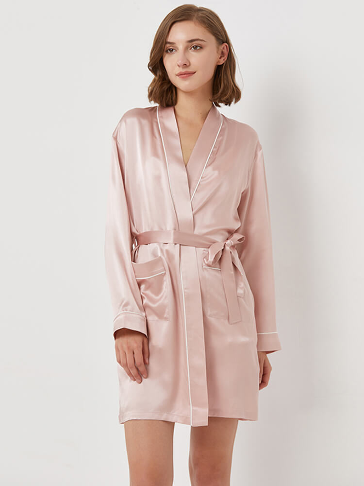 19 Momme Contrasting Silk Cami Pajamas Robe Set For Women