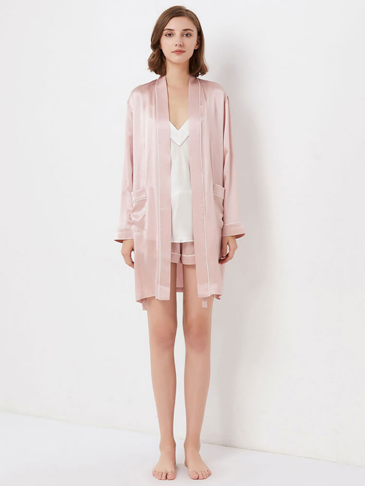 19 Momme Contrasting Silk Cami Pajamas Robe Set For Women