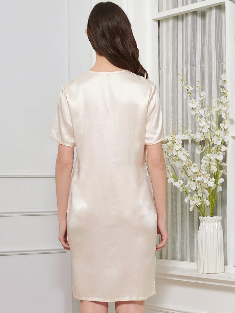 (S/Beige) Pullover Silk Nightgown With Buttons Decoration
