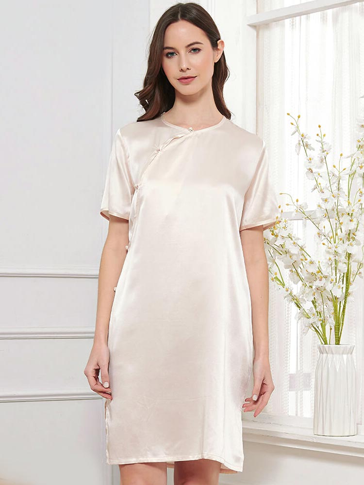 (S/Beige) Pullover Silk Nightgown With Buttons Decoration