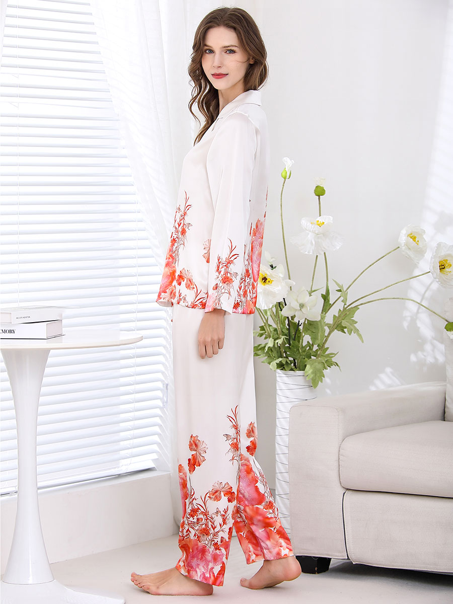 22 Momme Luxurious Flower Print White Long Silk Pajamas Set