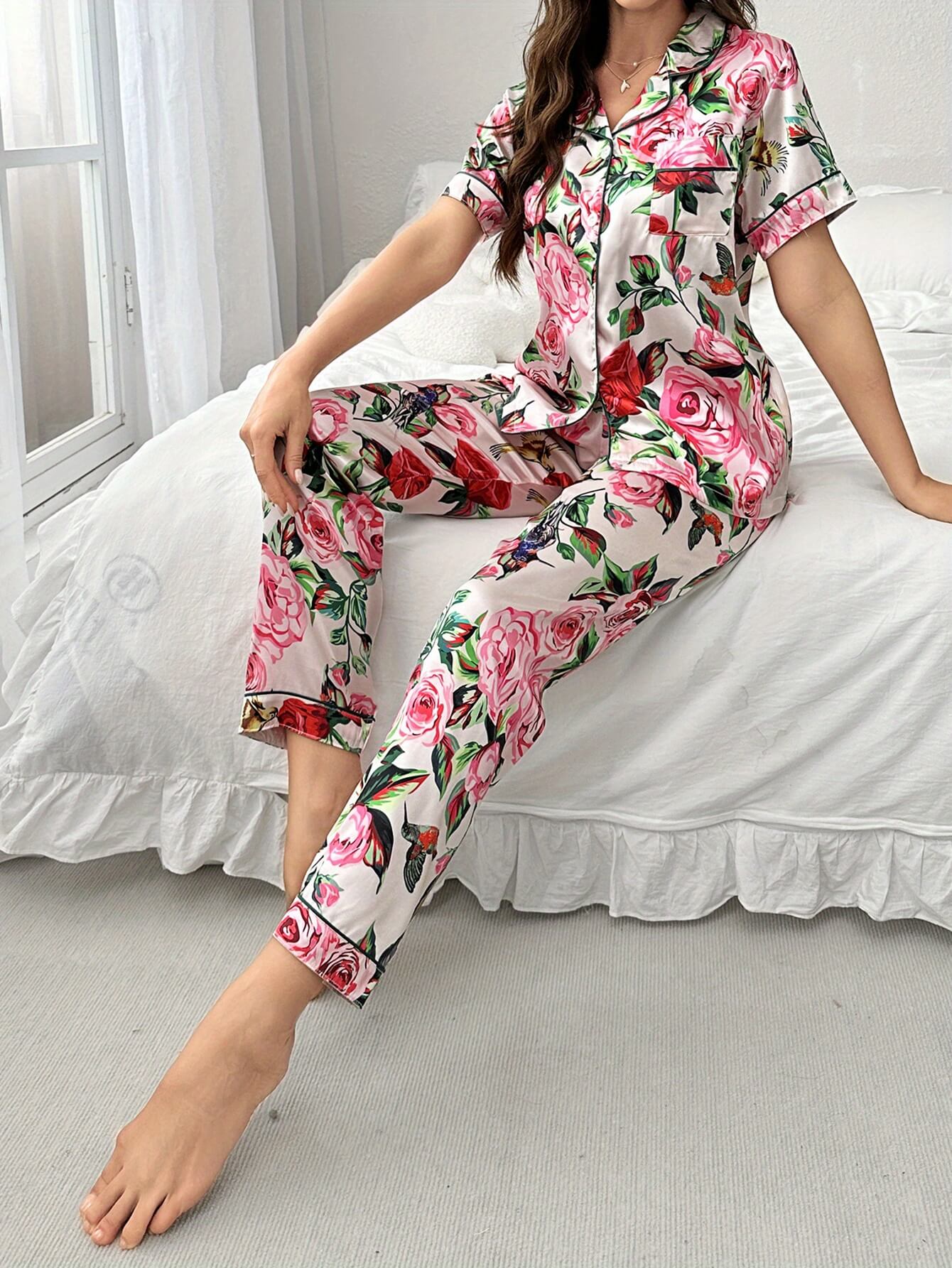 22 Momme Pink Floral Short Sleeved Women's 2PCS Silk Pajama Set