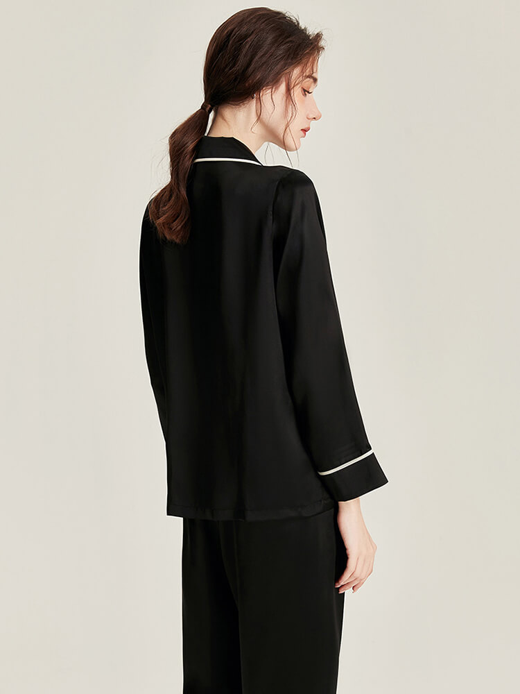 19 Momme Women Elegant Black Silk Pajama Set with Trimmed Pocket