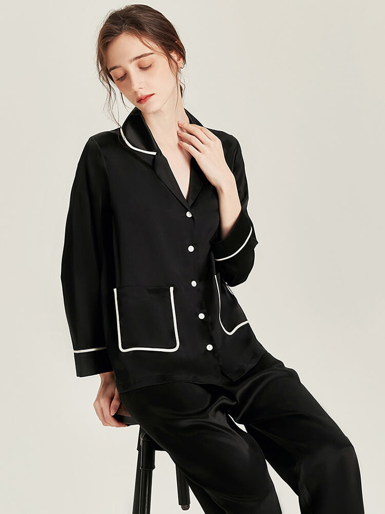 19 Momme Women Elegant Black Silk Pajama Set with Trimmed Pocket