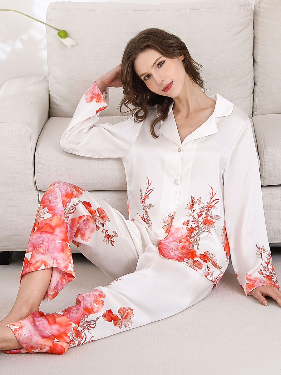 22 Momme Luxurious Flower Print White Long Silk Pajamas Set