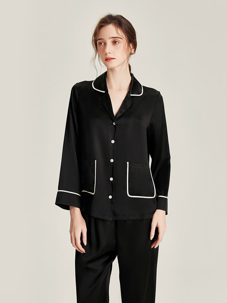 19 Momme Women Elegant Black Silk Pajama Set with Trimmed Pocket