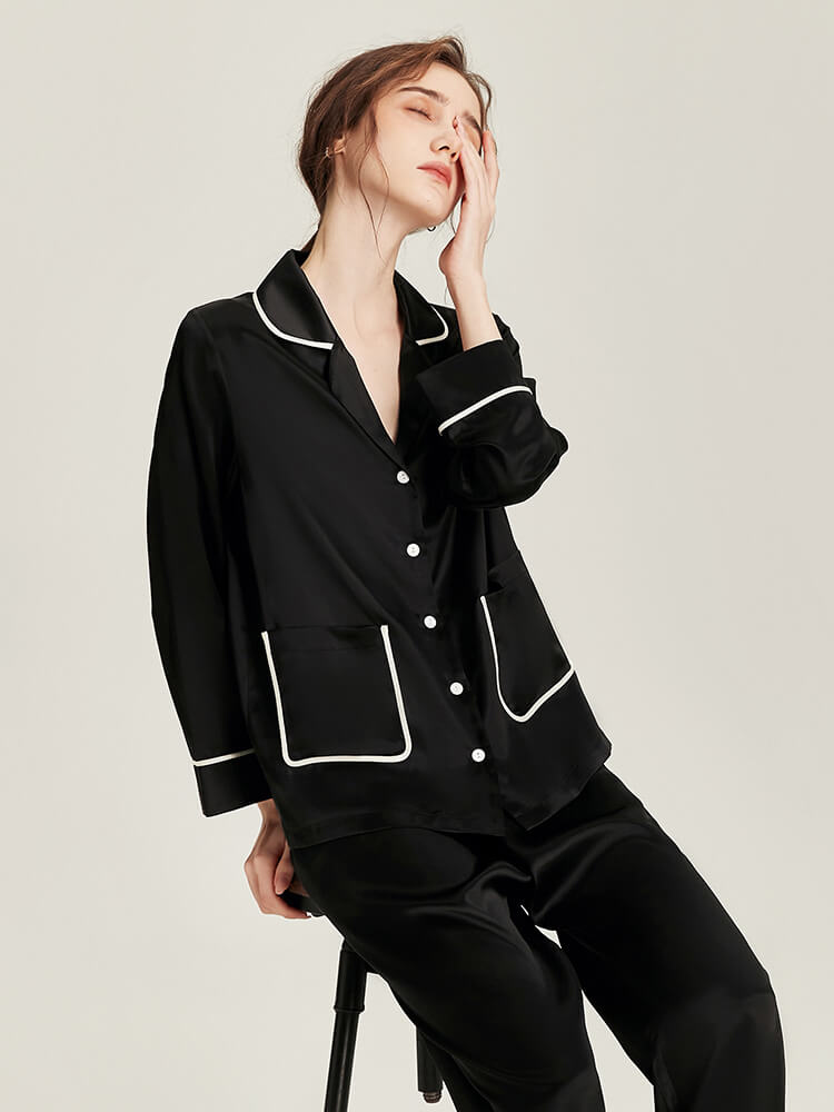 19 Momme Women Elegant Black Silk Pajama Set with Trimmed Pocket