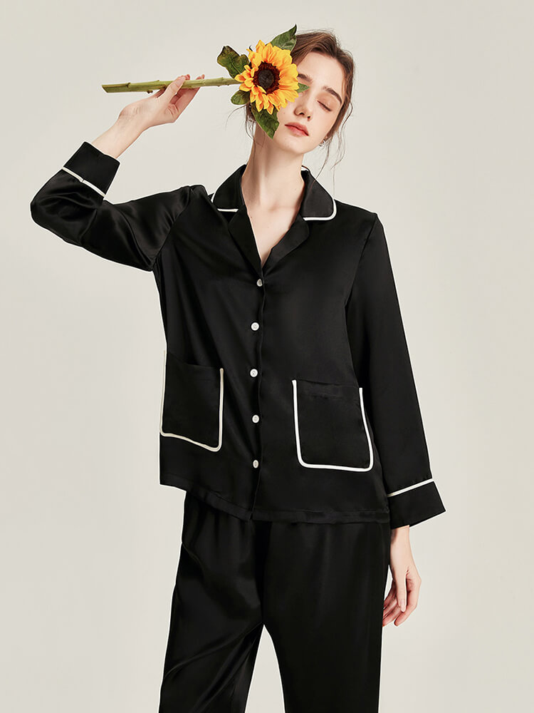 19 Momme Women Elegant Black Silk Pajama Set with Trimmed Pocket