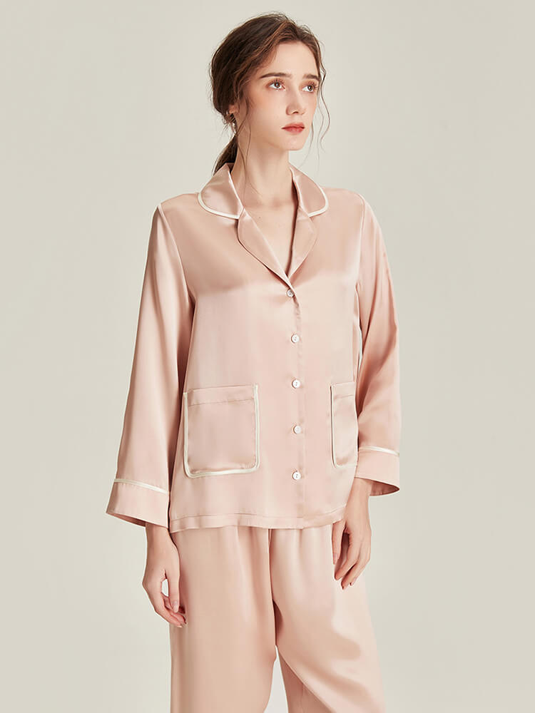 19 Momme Women Elegant Black Silk Pajama Set with Trimmed Pocket