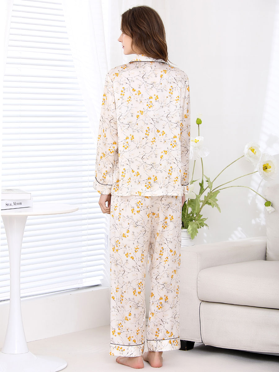 19 Momme Branch Print Long White Silk Pajama Set for Women