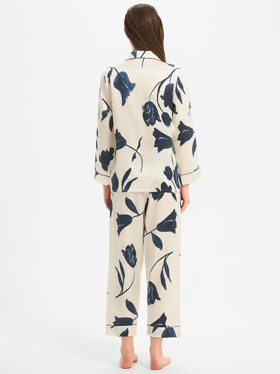 22 Momme White and Navy Lily Floral Printed Silk Pajama Set