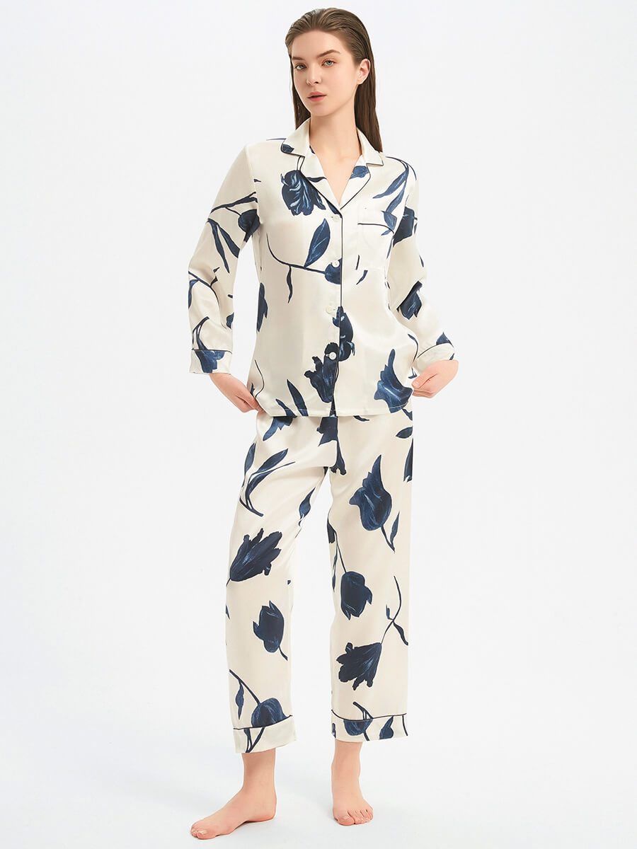 22 Momme White and Navy Lily Floral Printed Silk Pajama Set