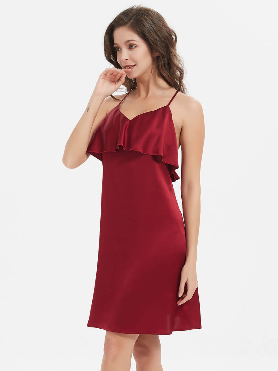 19 Momme Ruffle Bump Friendly Claret Silk Chemise Nightgown