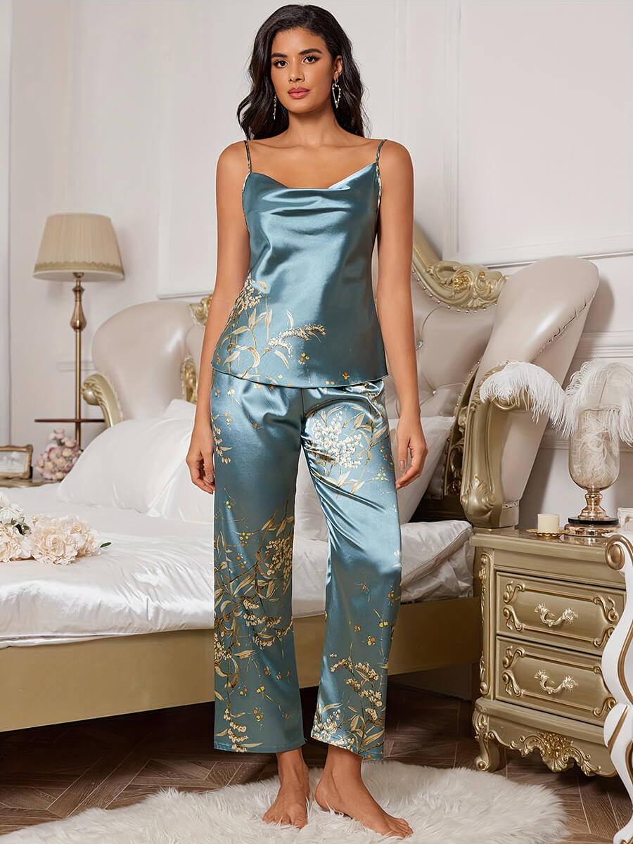 22 Momme Womens Cherry Print 2-Piece Silk Camisole Pajama Set