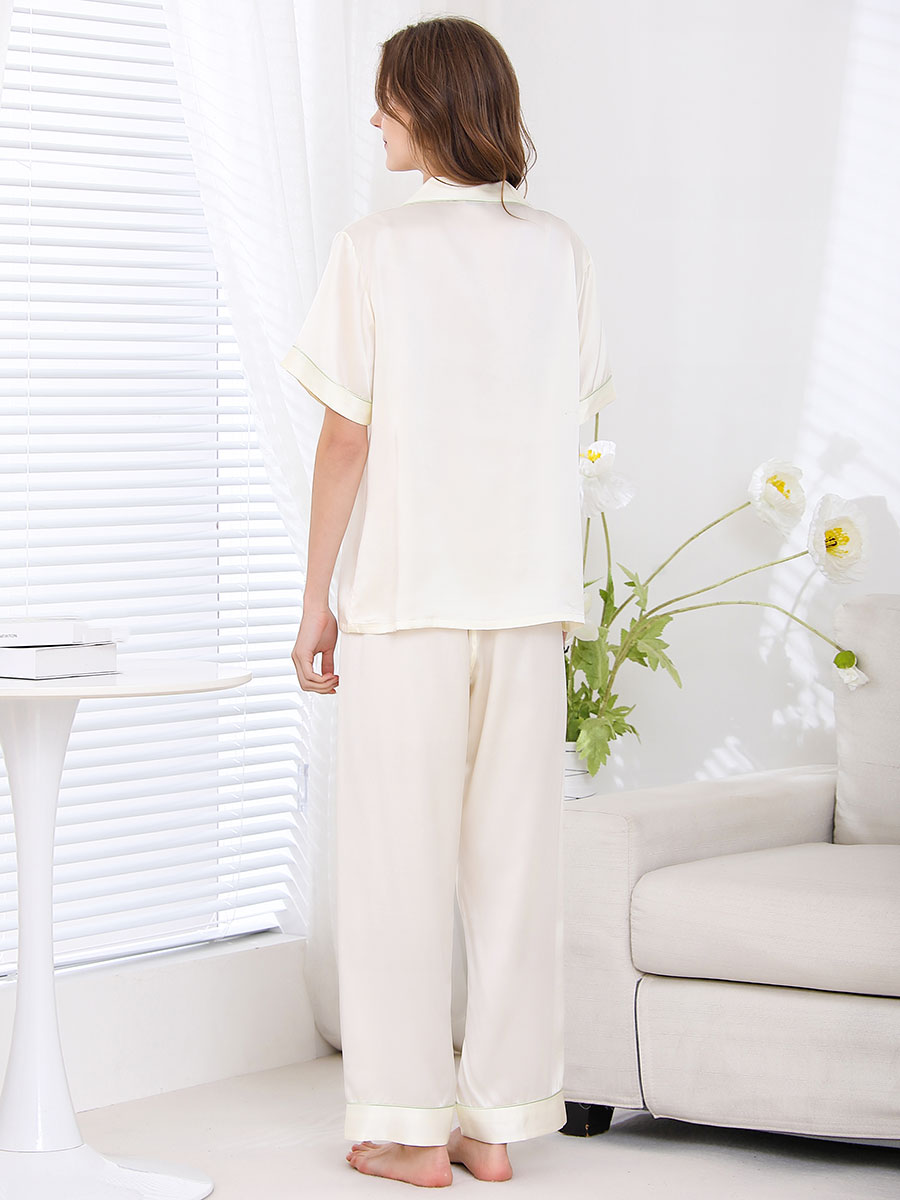 19 Momme Soft Green And Ivory Short Sleeve Silk Pajamas Set