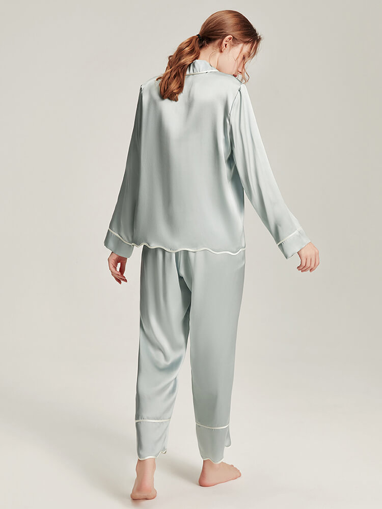 19 Momme Haze Blue Piped Stylish Silk Pajama Set