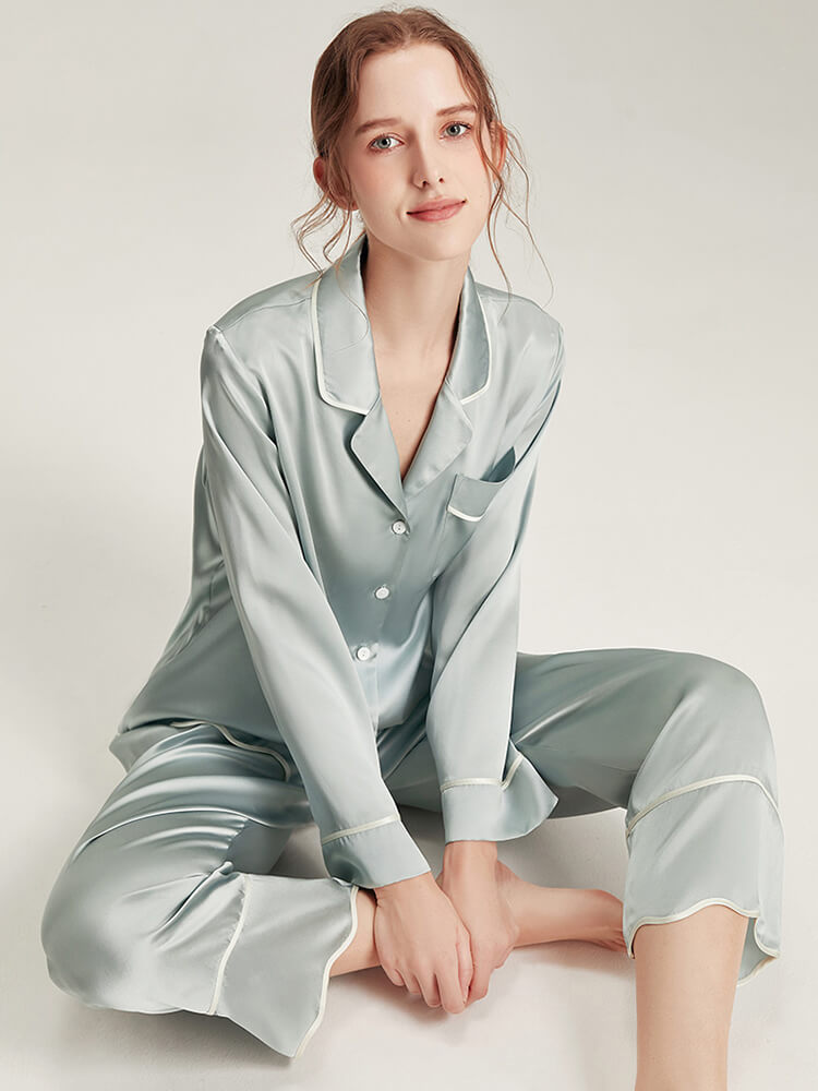 19 Momme Haze Blue Piped Stylish Silk Pajama Set