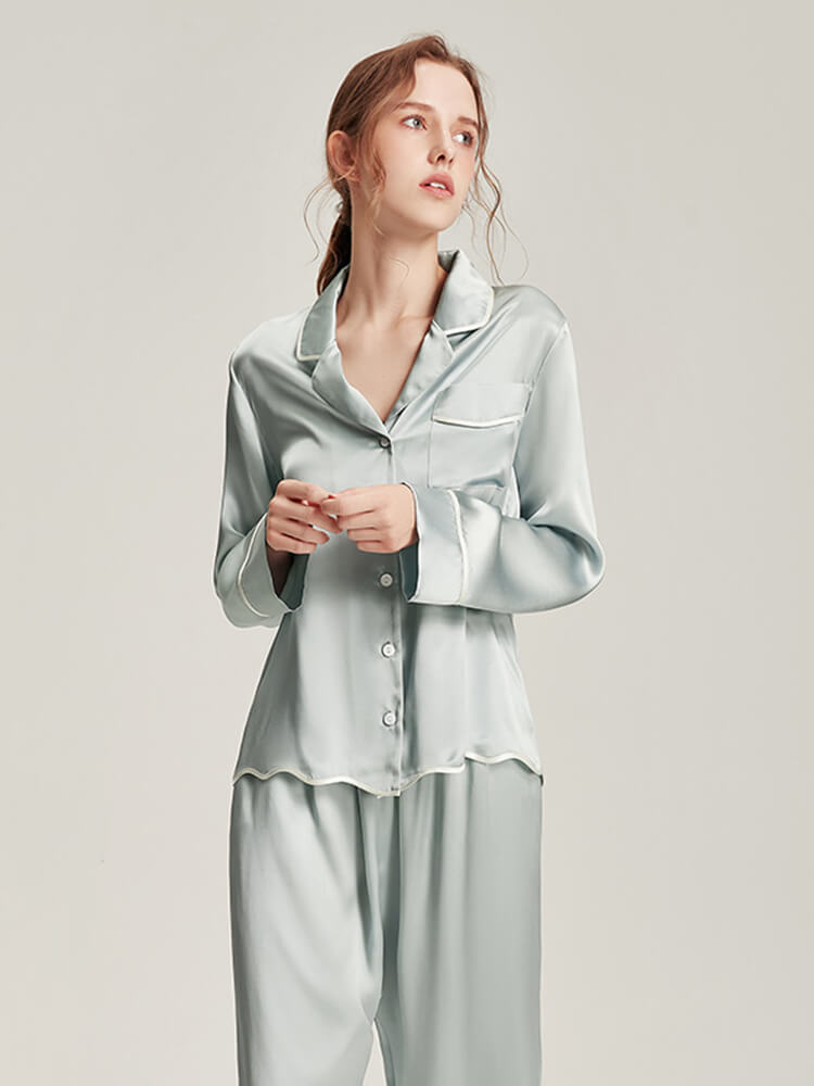 19 Momme Haze Blue Piped Stylish Silk Pajama Set