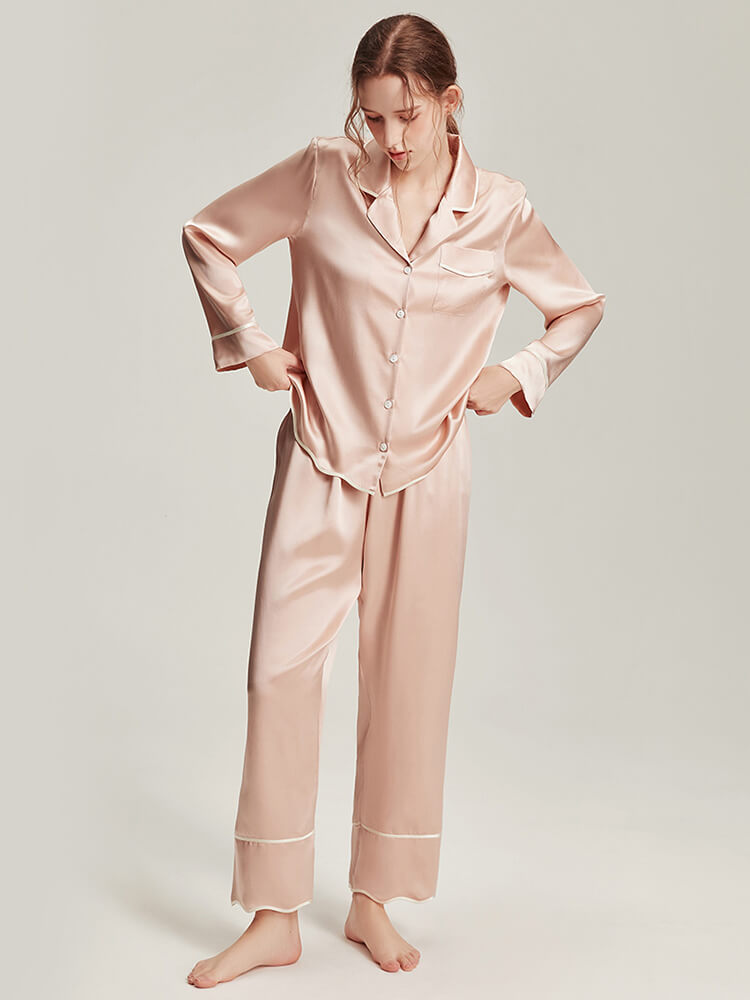 19 Momme Haze Blue Piped Stylish Silk Pajama Set