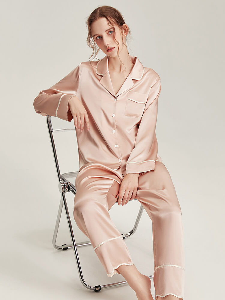 19 Momme Haze Blue Piped Stylish Silk Pajama Set