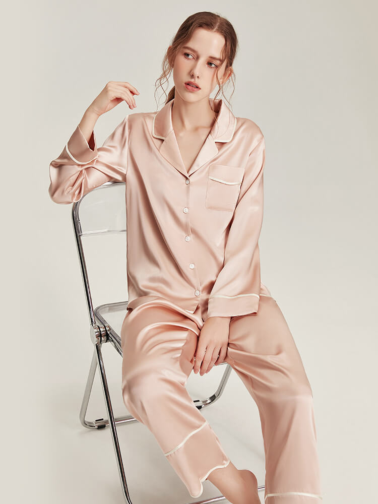 19 Momme Haze Blue Piped Stylish Silk Pajama Set