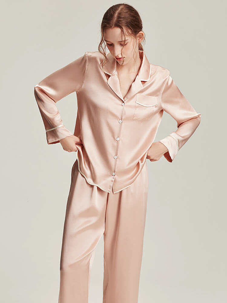 19 Momme Haze Blue Piped Stylish Silk Pajama Set