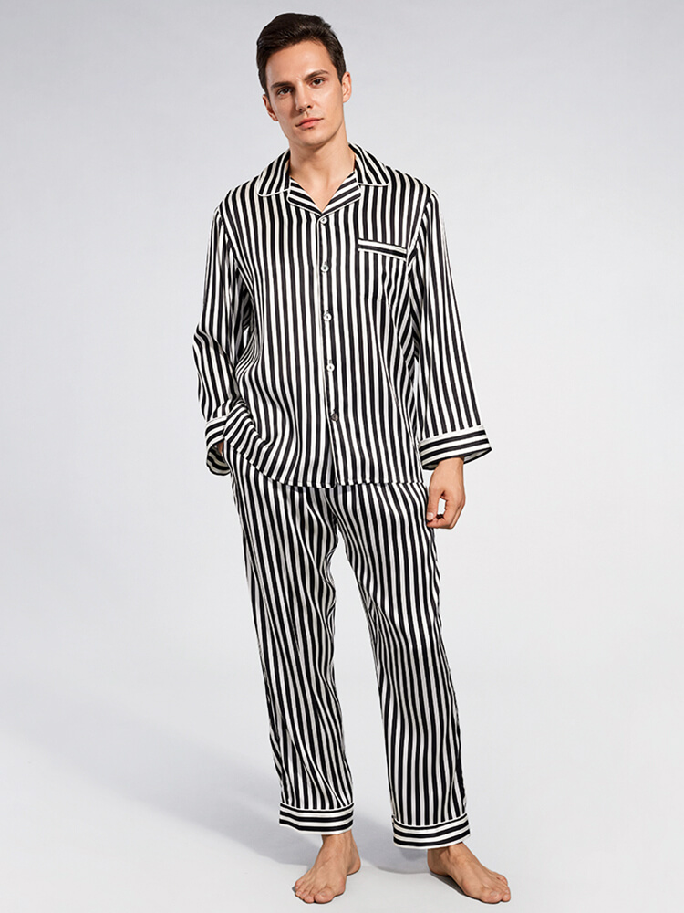 19 Momme Black and White Striped Long Silk Pajama Set for Men