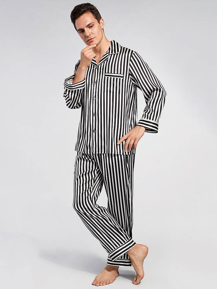 19 Momme Black and White Striped Long Silk Pajama Set for Men