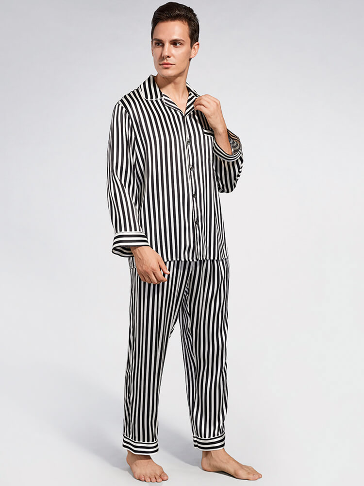 19 Momme Black and White Striped Long Silk Pajama Set for Men