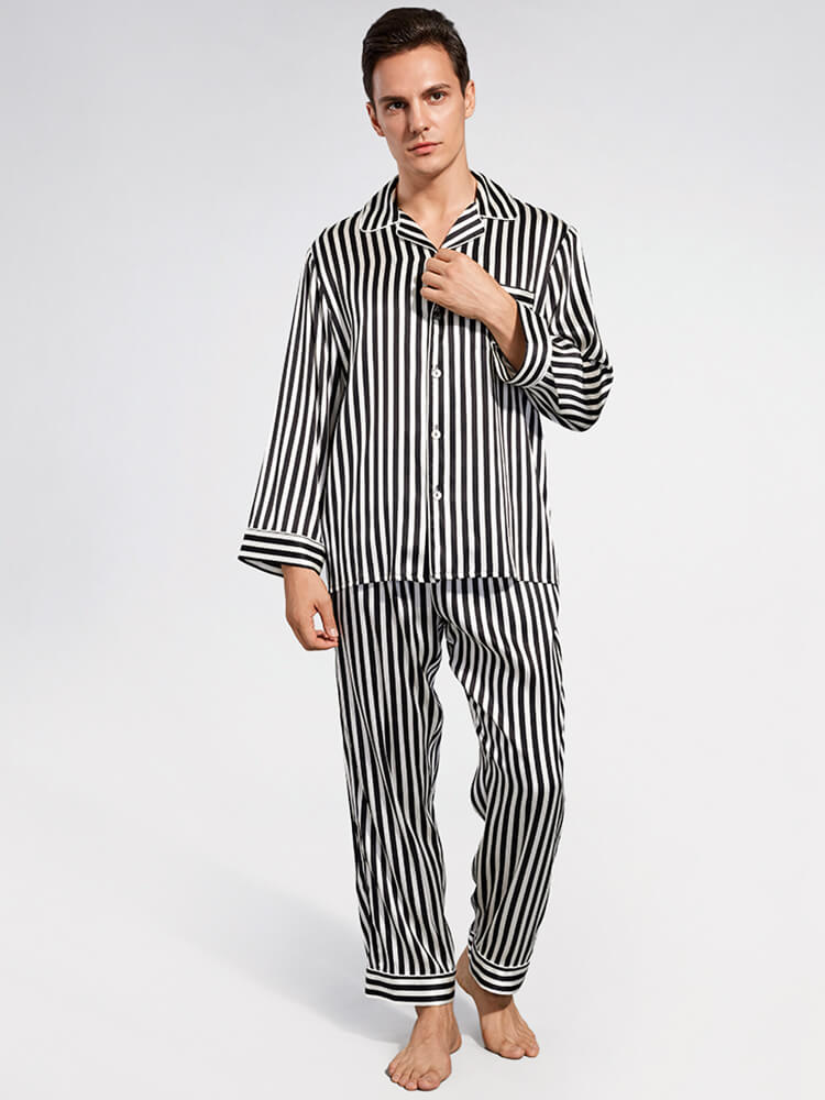 19 Momme Black and White Striped Long Silk Pajama Set for Men