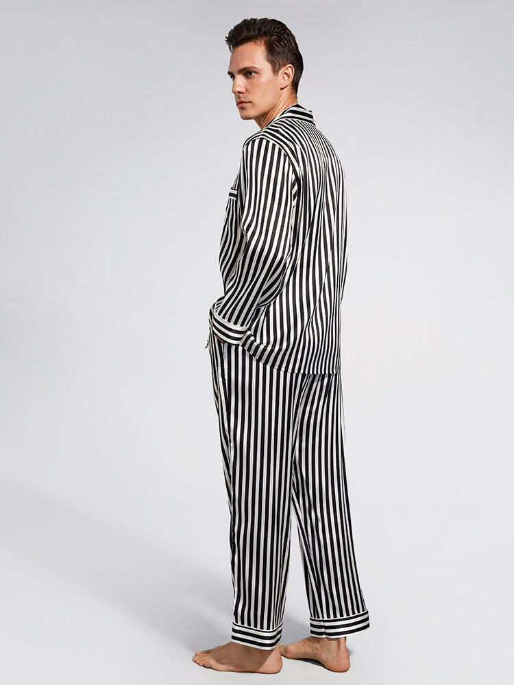 19 Momme Black and White Striped Long Silk Pajama Set for Men