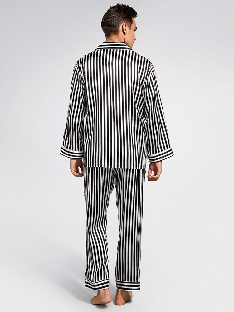 19 Momme Black and White Striped Long Silk Pajama Set for Men