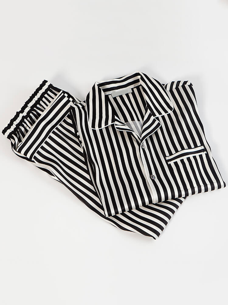 19 Momme Black and White Striped Long Silk Pajama Set for Men