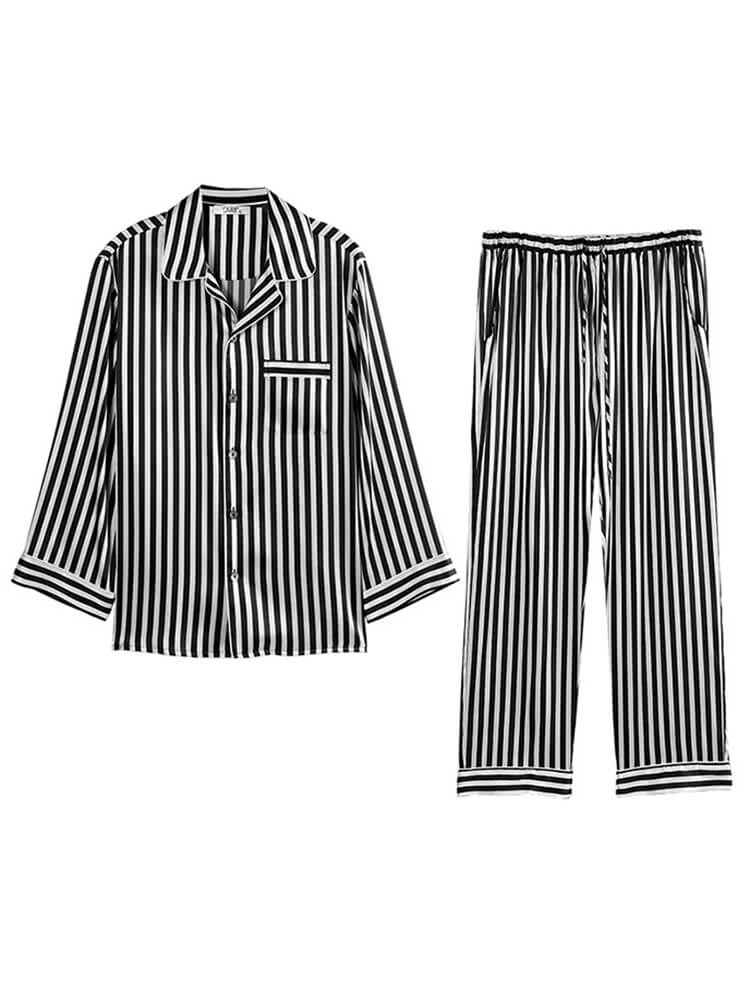 19 Momme Black and White Striped Long Silk Pajama Set for Men