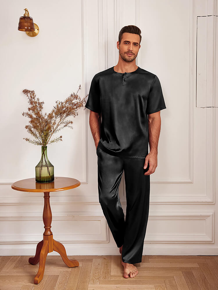 19 Momme Men Round Neck Short-sleeve Two Pieces Silk Pajamas Set