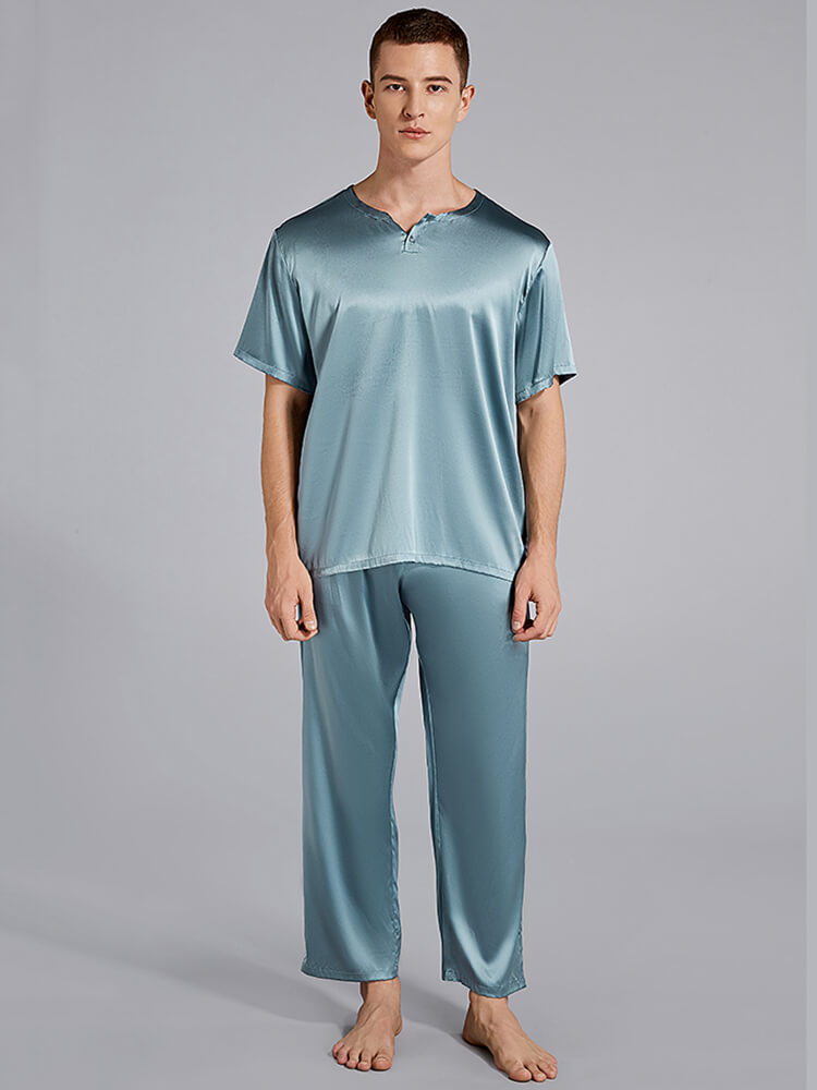 19 Momme Men Round Neck Short-sleeve Two Pieces Silk Pajamas Set