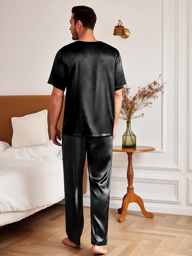 19 Momme Men Round Neck Short-sleeve Two Pieces Silk Pajamas Set