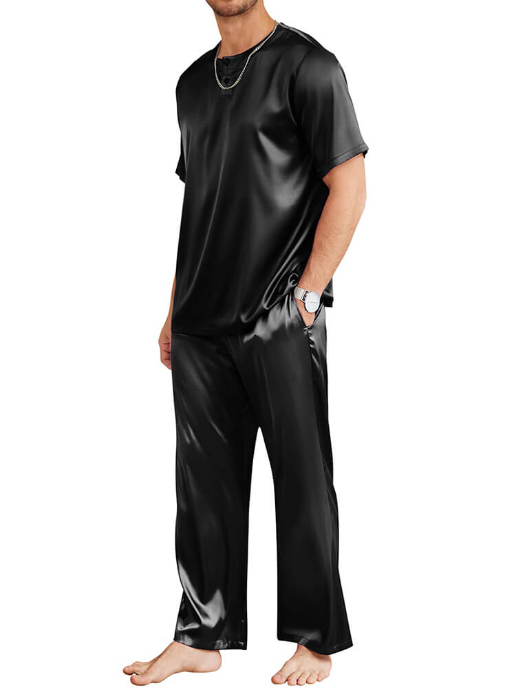 19 Momme Men Round Neck Short-sleeve Two Pieces Silk Pajamas Set