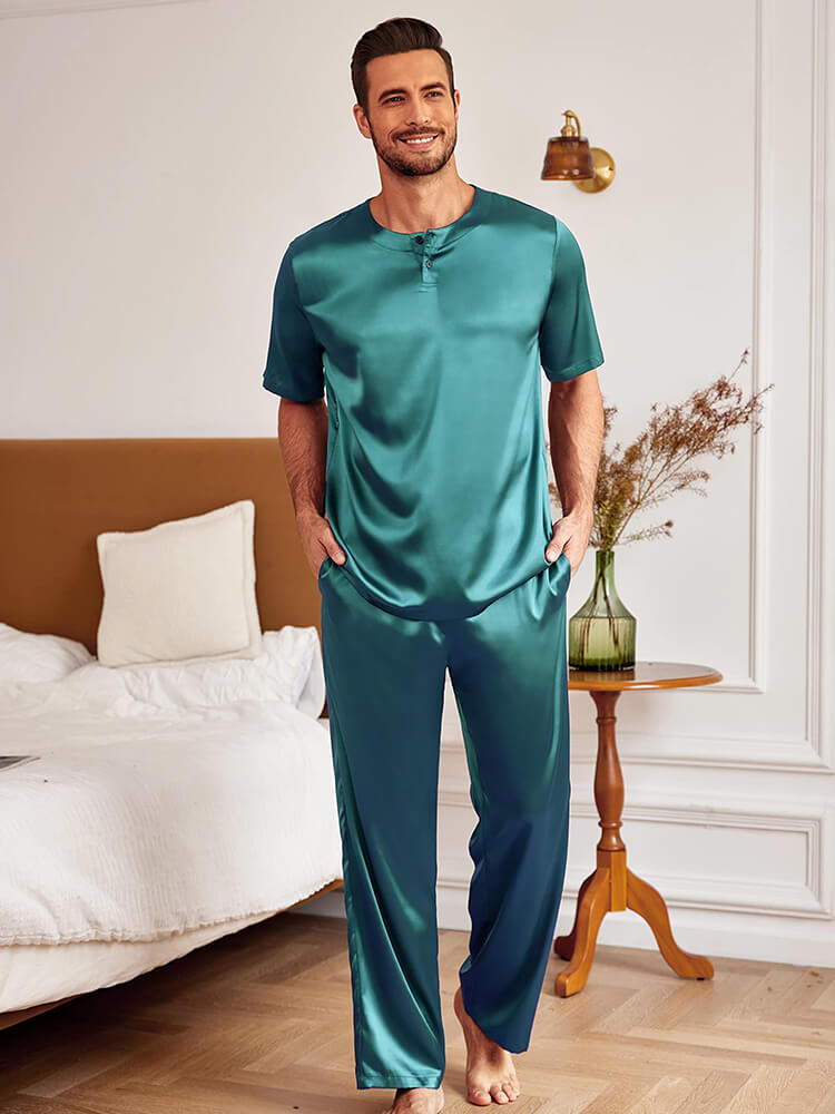 19 Momme Men Round Neck Short-sleeve Two Pieces Silk Pajamas Set