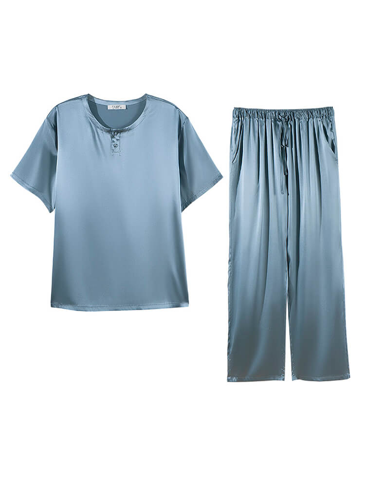 19 Momme Men Round Neck Short-sleeve Two Pieces Silk Pajamas Set
