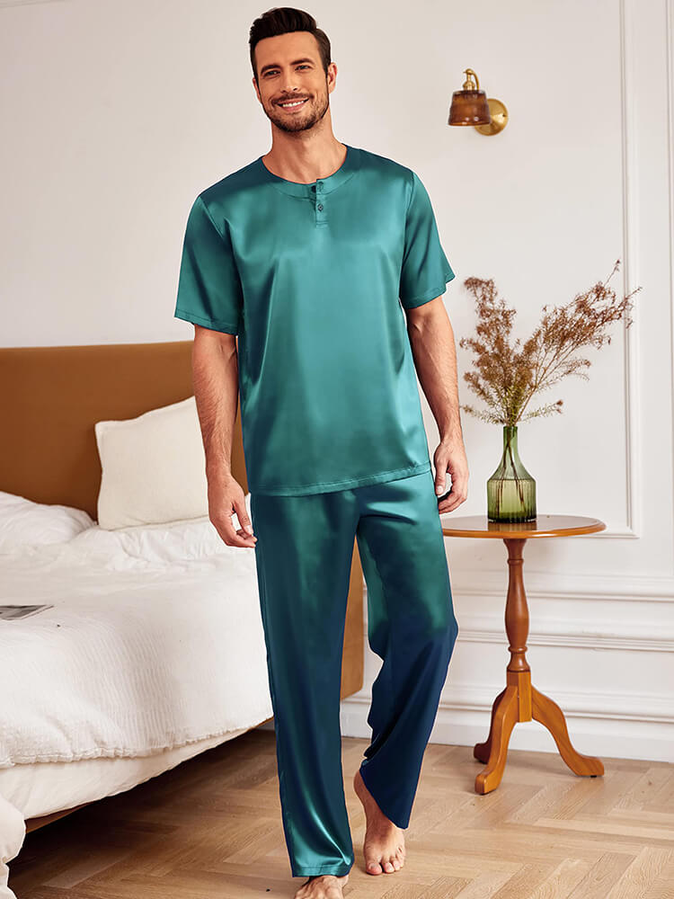 19 Momme Men Round Neck Short-sleeve Two Pieces Silk Pajamas Set