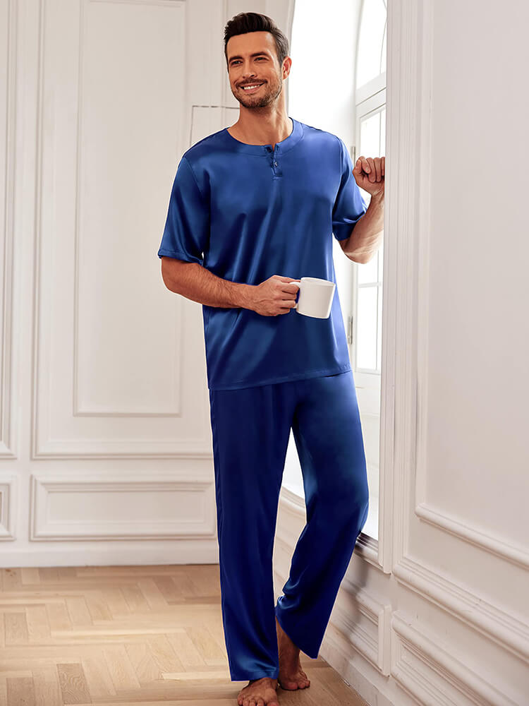 19 Momme Men Round Neck Short-sleeve Two Pieces Silk Pajamas Set