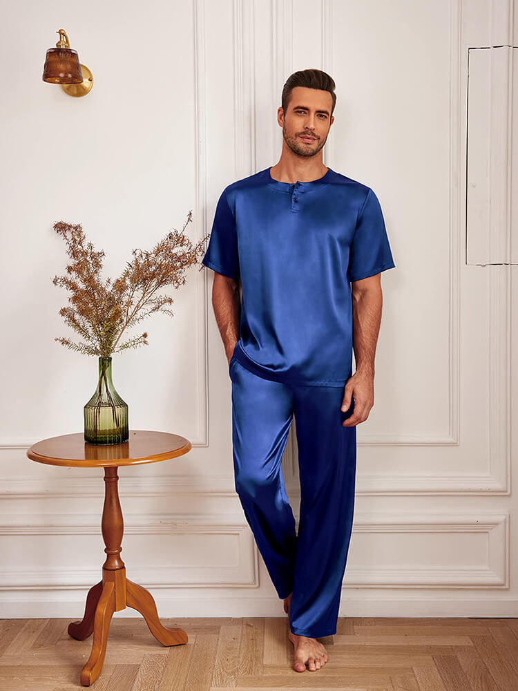 19 Momme Men Round Neck Short-sleeve Two Pieces Silk Pajamas Set