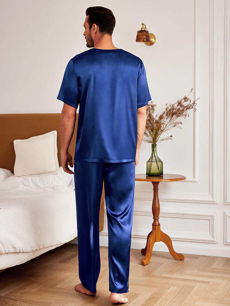 19 Momme Men Round Neck Short-sleeve Two Pieces Silk Pajamas Set