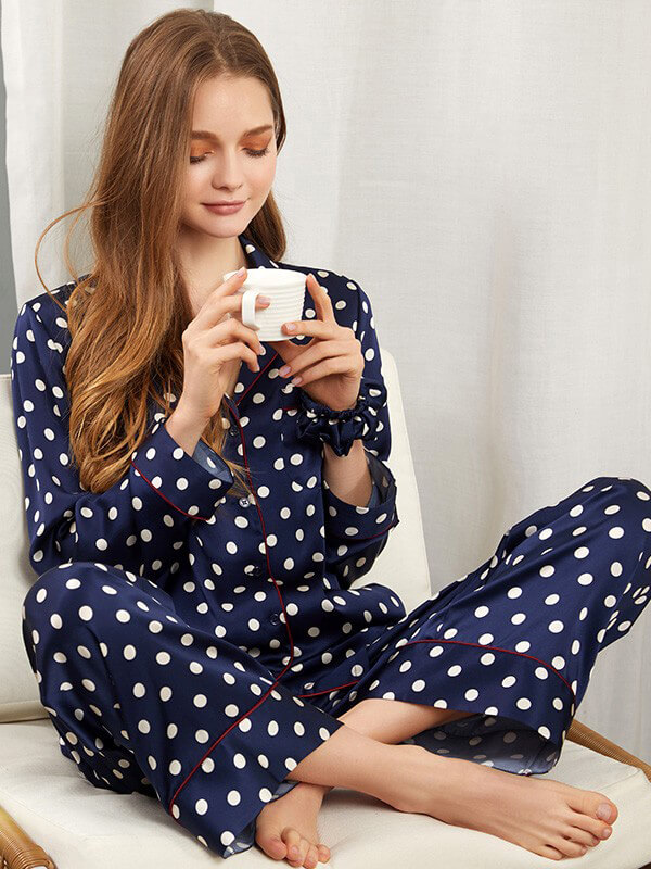 19 Momme White Polka Dots Print Navy Blue Long Silk Pajama Set