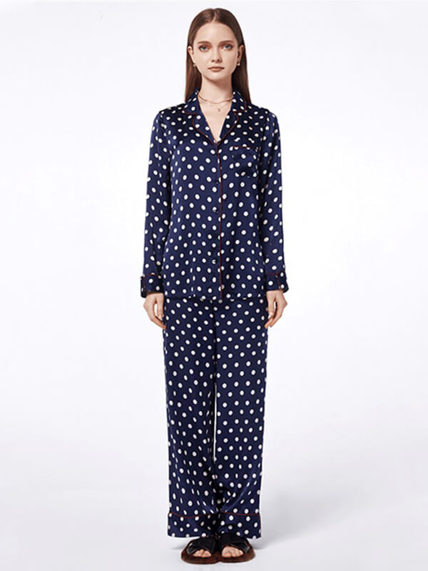 19 Momme White Polka Dots Print Navy Blue Long Silk Pajama Set