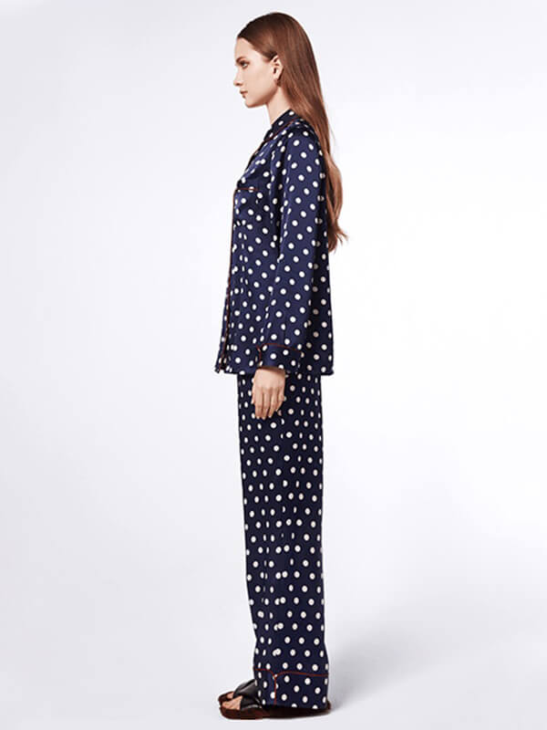 19 Momme White Polka Dots Print Navy Blue Long Silk Pajama Set