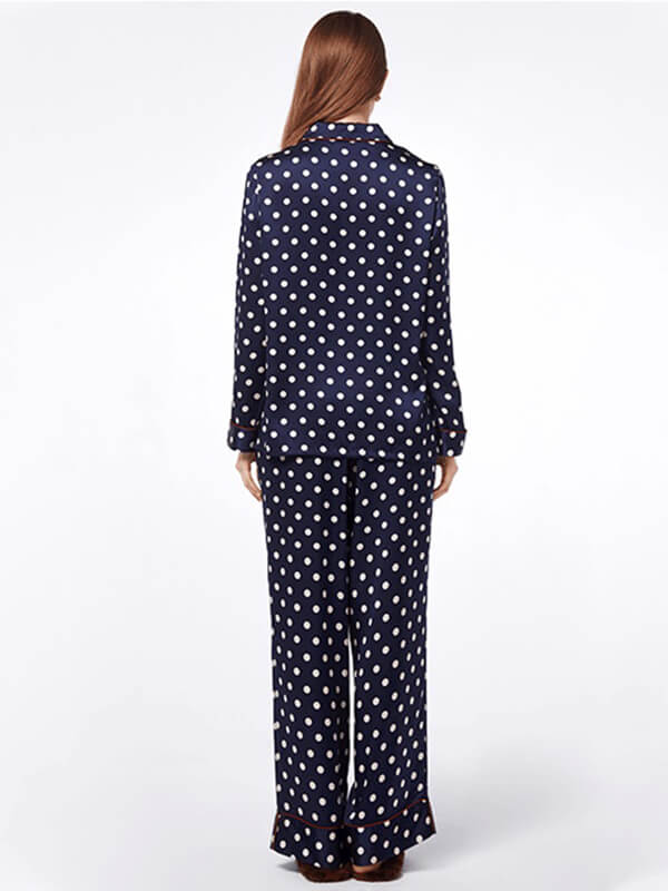 19 Momme White Polka Dots Print Navy Blue Long Silk Pajama Set